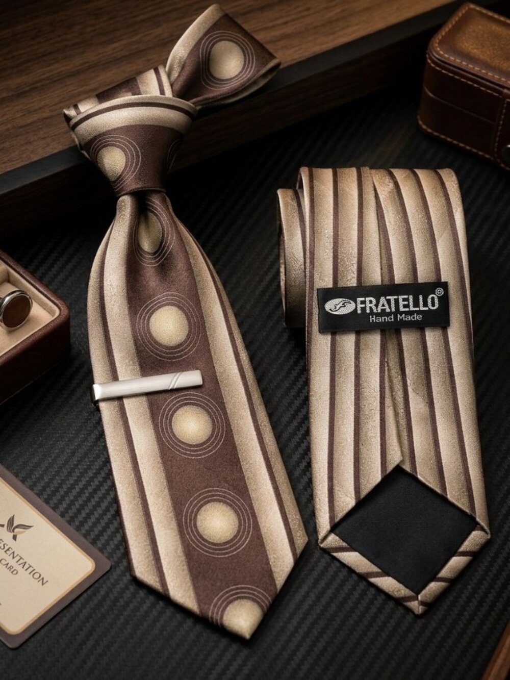 A brown-and-tan geometric concentric-circle necktie from the brand Fratello